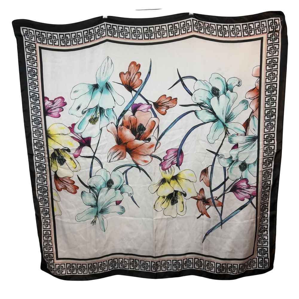 Chicos Scarf Square Floral‎ Print White Black Border Women's One Size Polyester